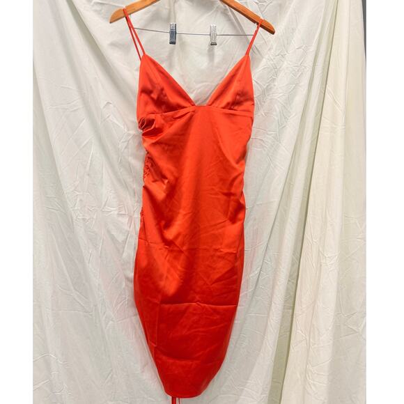 NBD‎ Dex Ruched Drawstring Adjustable Side Tie Poppy Orange Mini Dress Sz Small - Picture 2 of 5